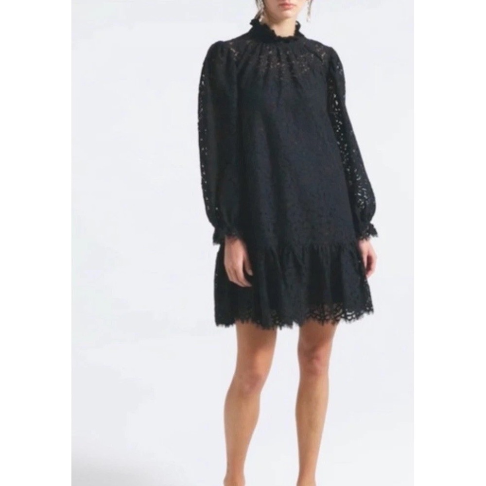 RRP $198 J.CREW Black Ruffle Neck Lace Mini Dress Sz S Victorian Romantic Goth